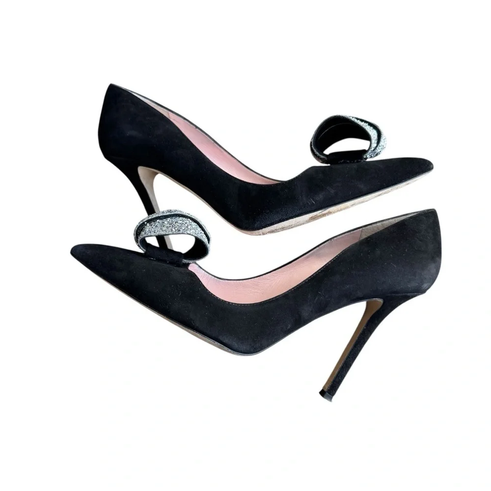 Kate Spade - Black Suede Pointed Toe Pumps Crystal Bow Heels Size 8